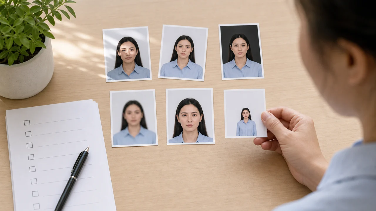 Several identity photo prints being checked for common UK visa photo mistakes