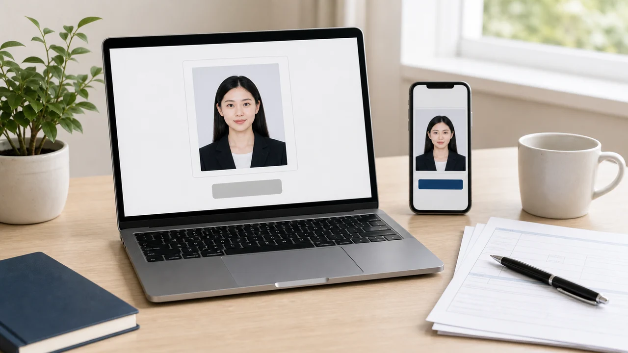 Laptop and phone showing a UK visa-style digital photo upload preview