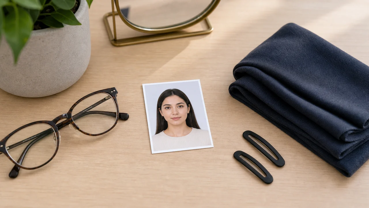 Glasses and head covering placed near a visa-style portrait photo