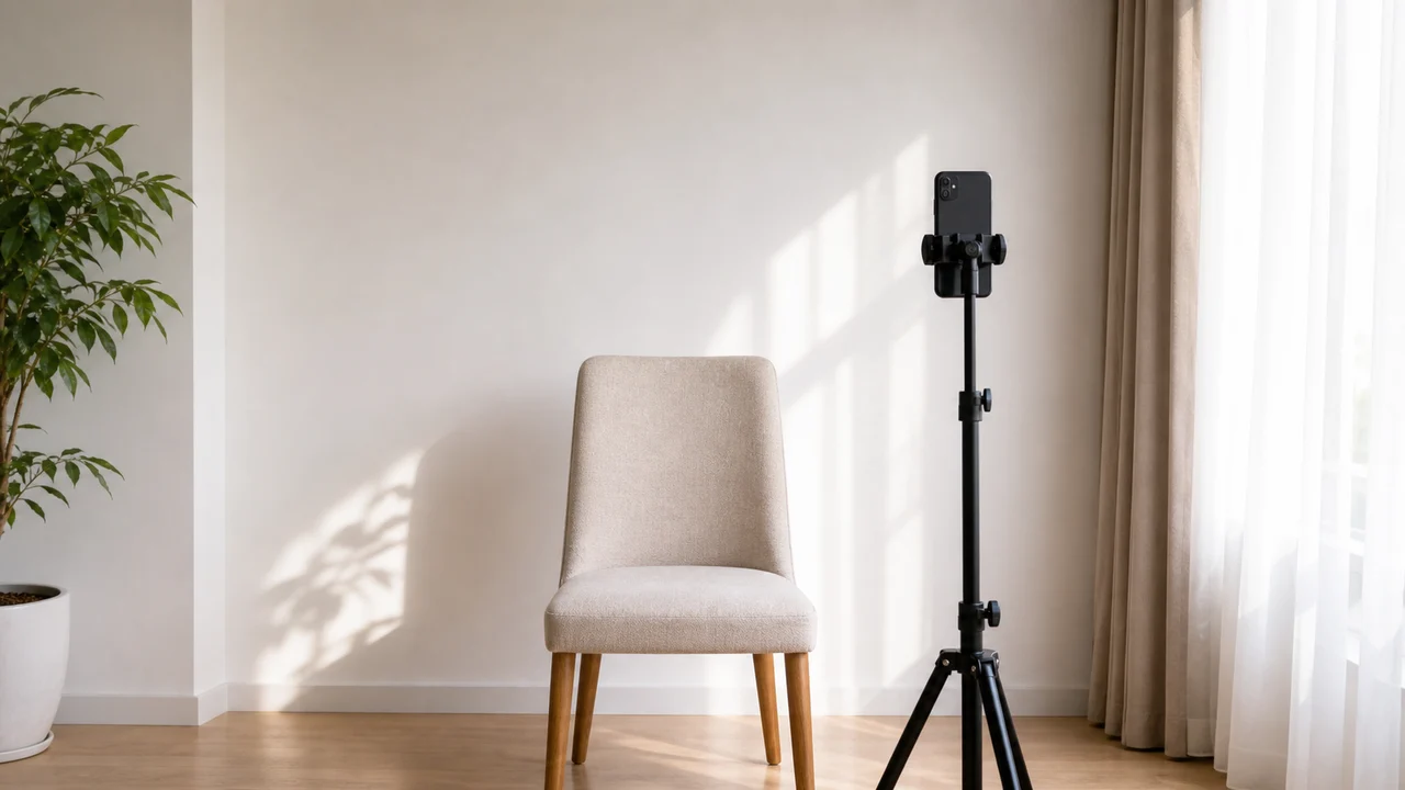 Plain light-coloured wall, chair, and phone tripod prepared for visa photo lighting