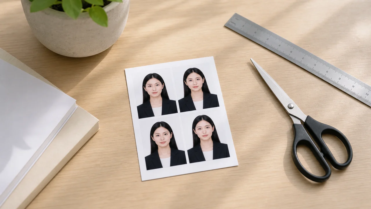 Printed 45 × 35 mm identity photo sheet with ruler and scissors