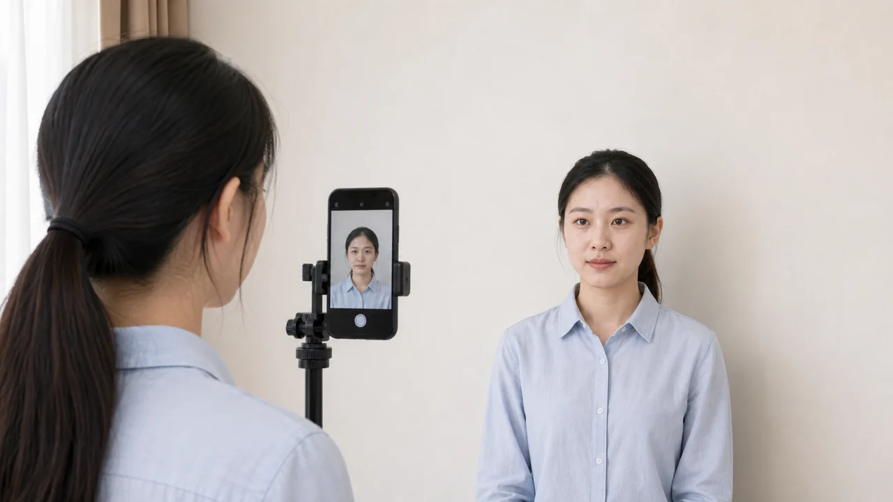 Applicant standing before a plain wall while a phone on a tripod frames the photo