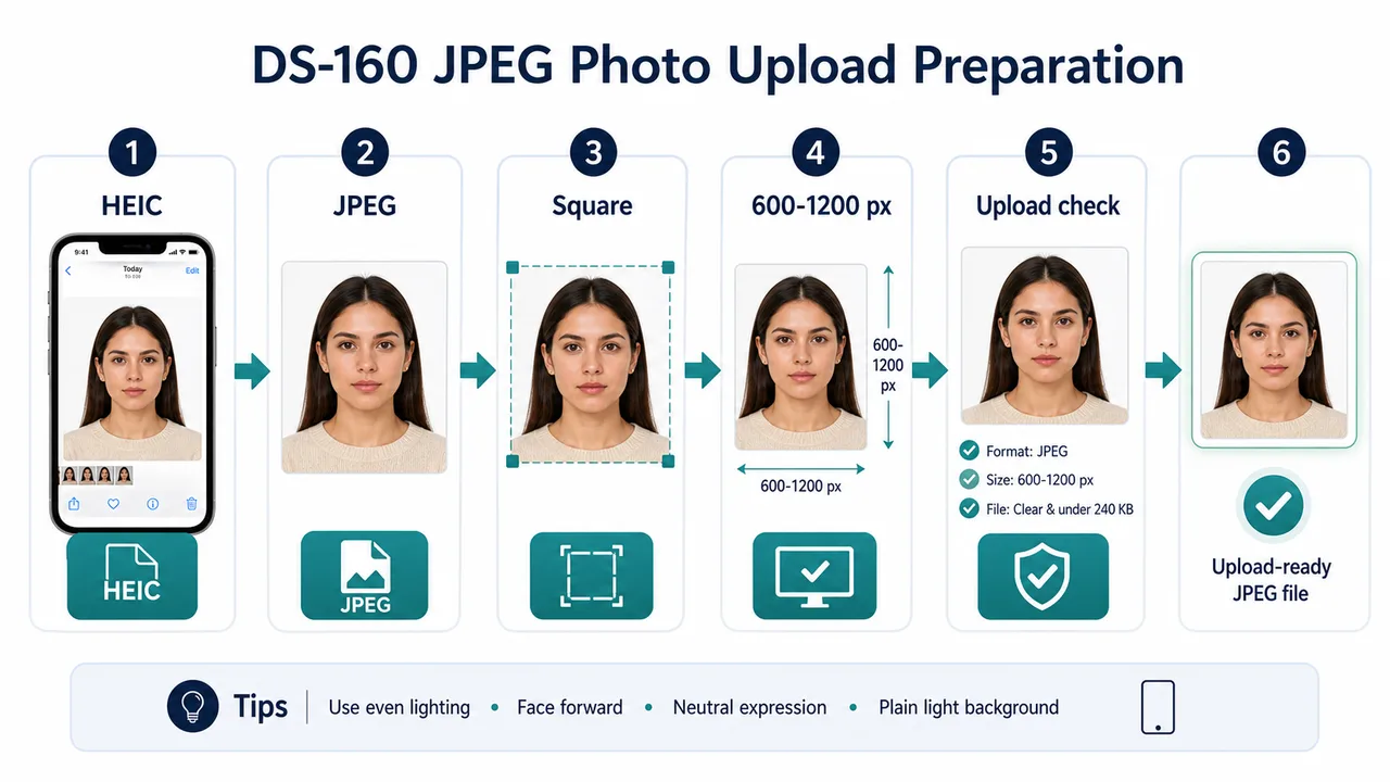 Flow diagram for DS-160 JPEG upload preparation
