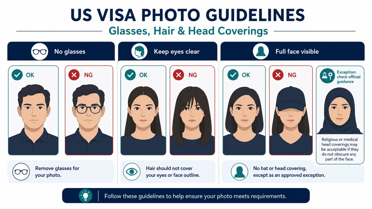 US visa photo comparison for glasses, hair, and hats