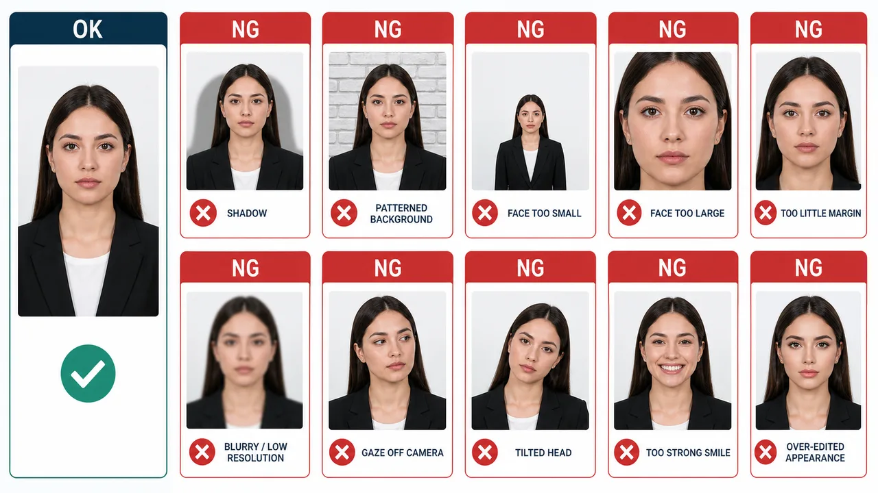 OK and NG examples for US visa photo mistakes