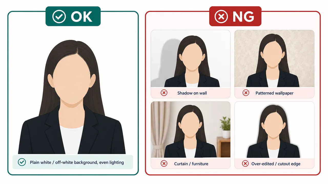 OK and NG comparison for US visa photo background