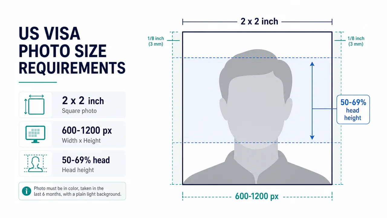 Diagram of US visa photo size, square pixels, 2 x 2 inch print, and head ratio