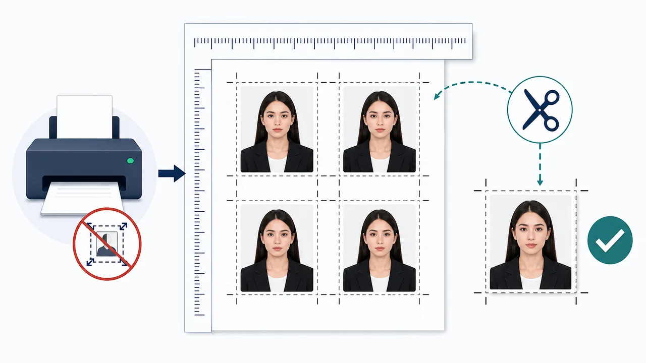 2 x 2 inchのUS VISA写真印刷と切り出し図