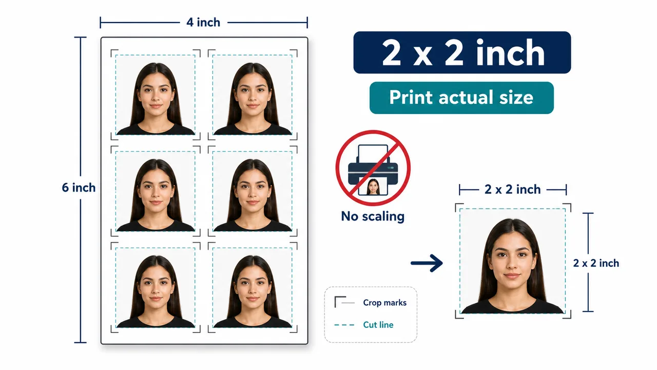 2 x 2 inch US visa photo print and cutting diagram