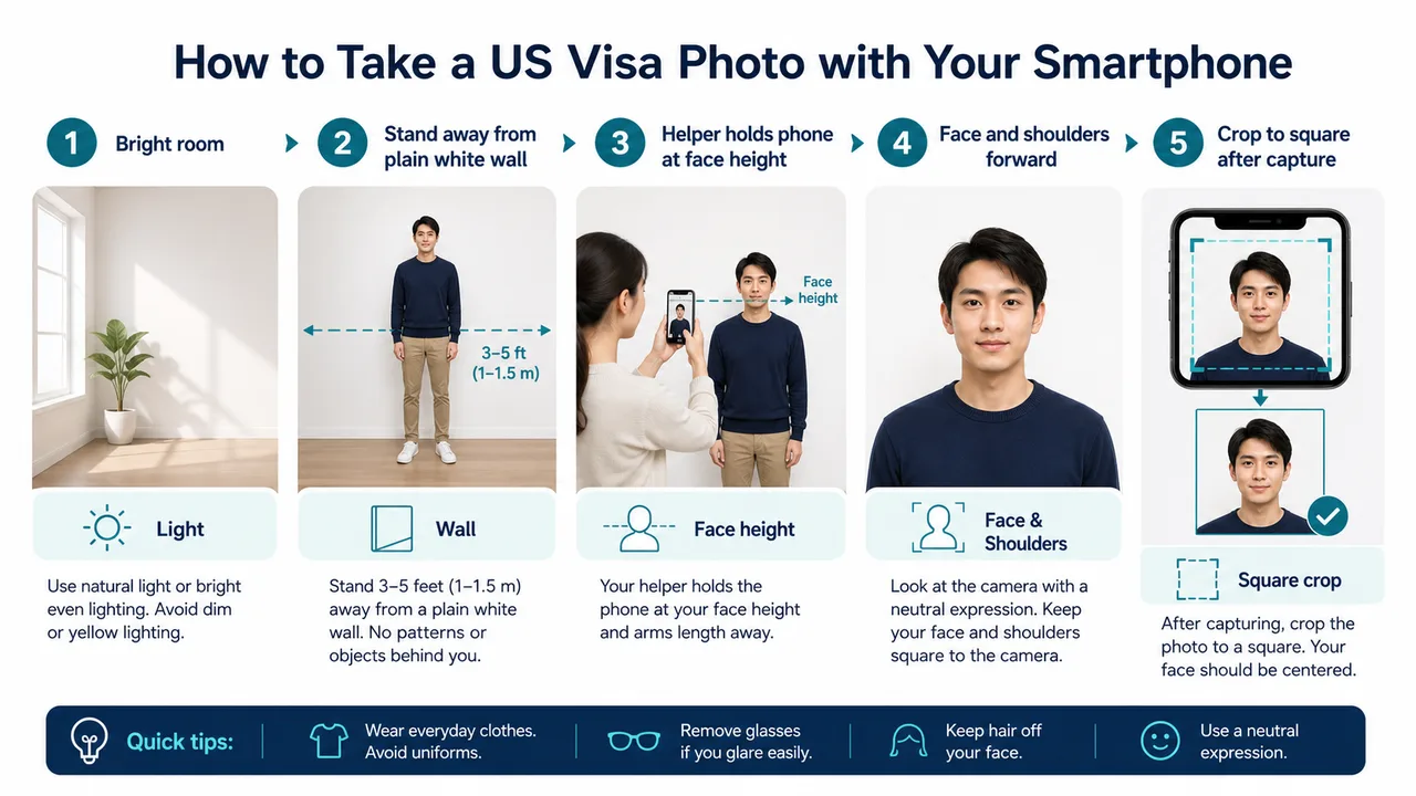 Smartphone steps for taking a US visa photo at home