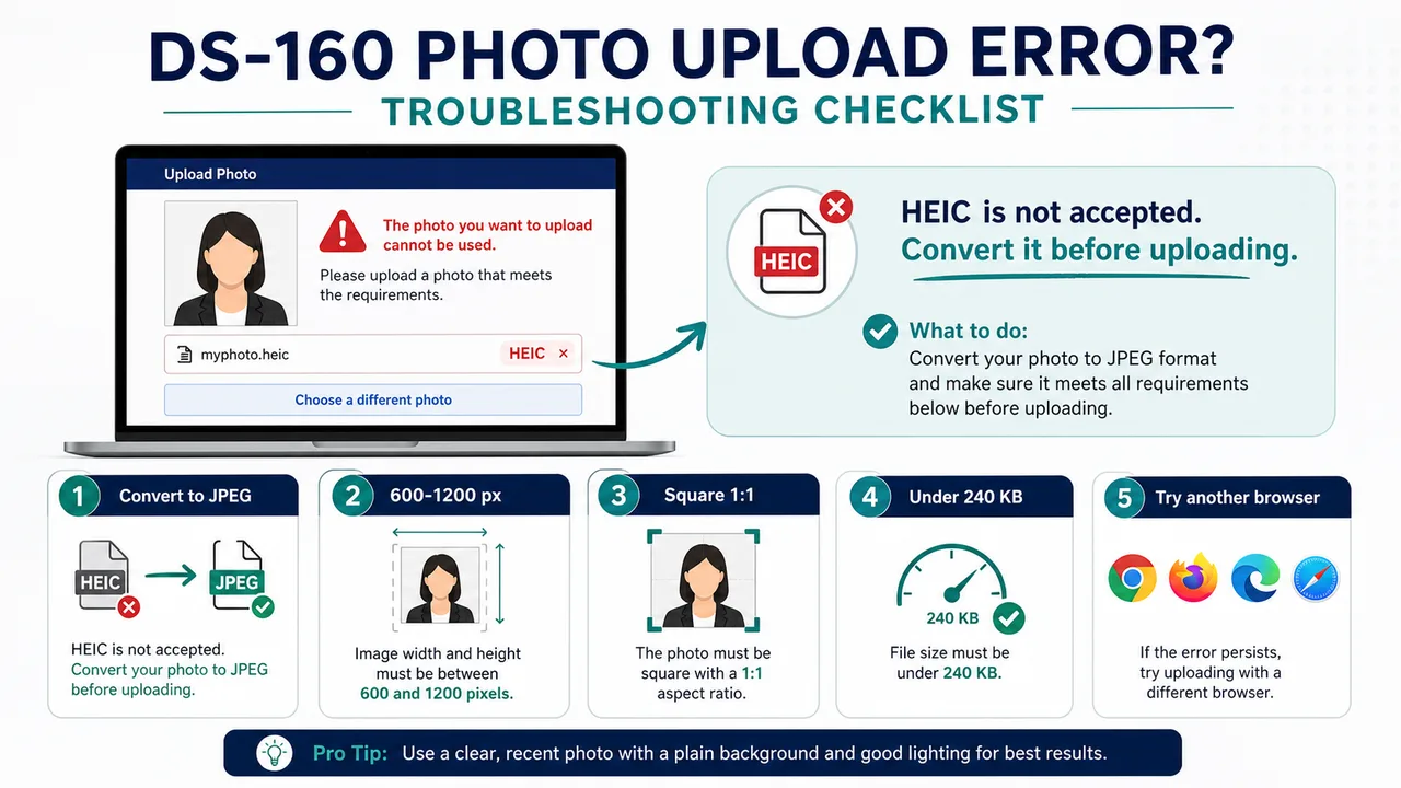 Checklist diagram for US visa photo upload errors