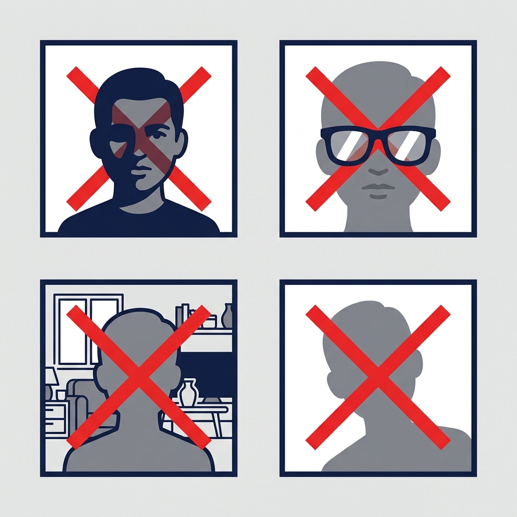 Common mistakes diagram showing shadows, glasses frame, incorrect head size, hair over eyes